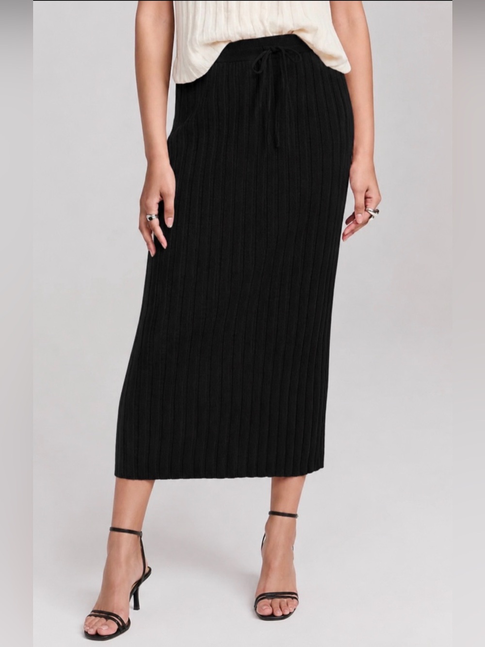 Free People Veda Sweater Knit Linen Blend Ribbed Midi Skirt In Black Size XL